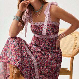 Pink Boho Women's Cowgirl Style Floral Lace Patchwork Dress